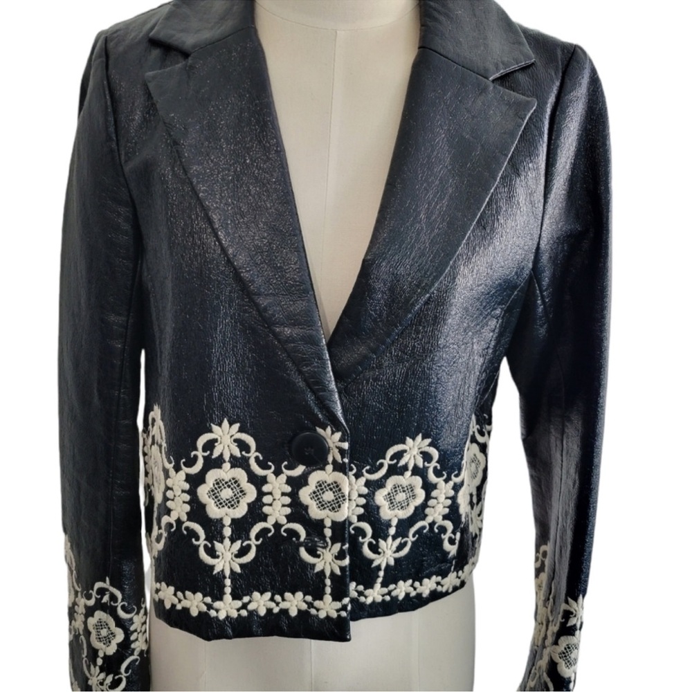 Leather Jacket, Cream Embroidery, Size 8, Black with Cream Embroidery